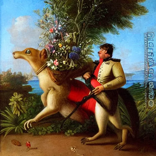 Image similar to a giant squirrel!!!! carrying napoleon bonaparte on its back, beach scene with flowers and foliage, detailed oil painting