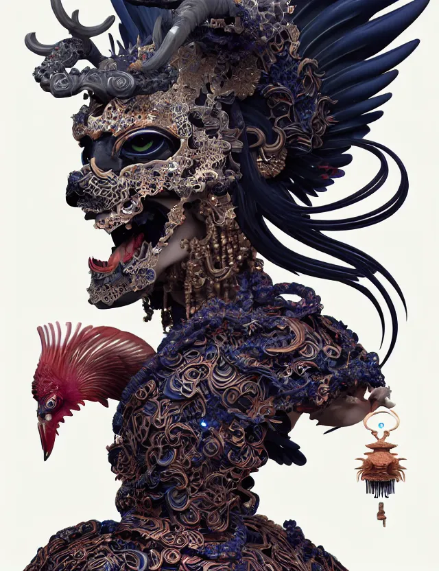 Image similar to 3 d goddess of hell close - up profile portrait with ram skull. beautiful intricately detailed japanese crow kitsune mask and clasical japanese kimono. betta fish, jellyfish phoenix, bio luminescent, plasma, ice, water, wind, creature, artwork by tooth wu and wlop and beeple and greg rutkowski