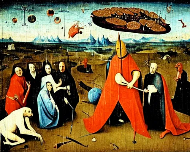 Prompt: a hieronymous bosch painting of barry chuckle faking the first meat planet landings in a sound stage in nevada