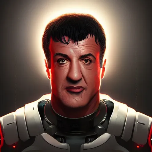 Prompt: portrait of a cyborg sylvester stallone, metallic skin, led lights, high technology inplants, mattepainting concept blizzard pixar maya engine on stylized background splash comics global illumination lighting artstation lois van baarle, ilya kuvshinov, rossdraws