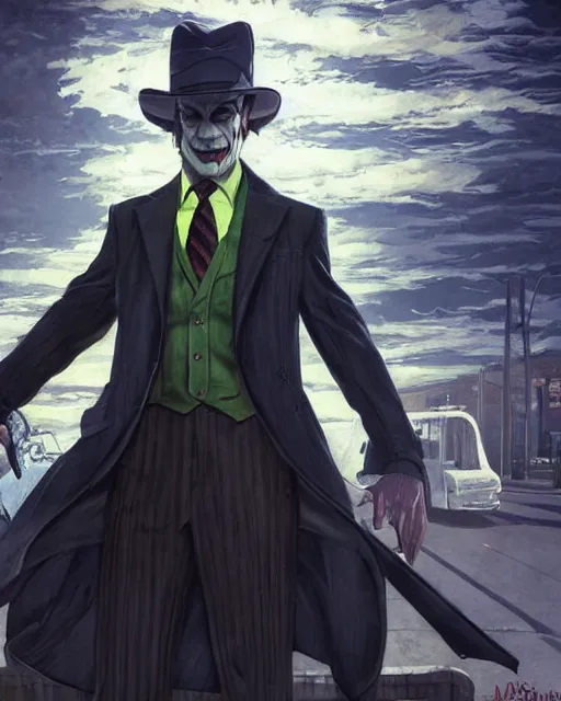 Image similar to portrait of saul goodman as the joker, gta loading screen, art by makoto shinkai and peter elson, bernie wrightson