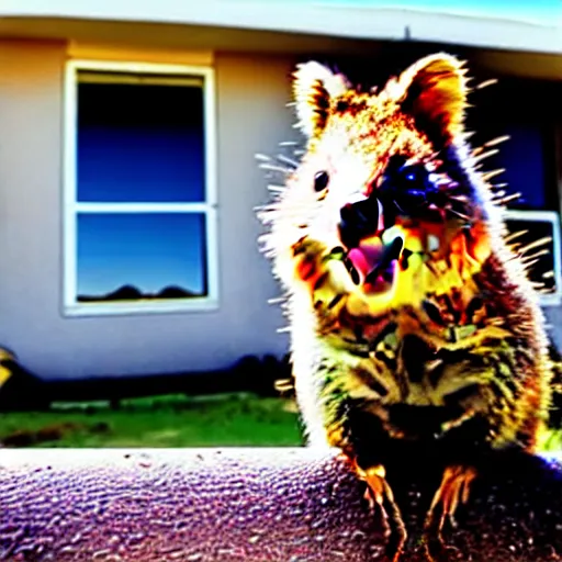 Prompt: a quokka laughing while a house is on fire in the background