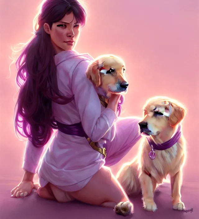 Prompt: Kate Bishop petting Golden Retriever Dog, Marvel, Hawkeye, blush, intricate, cute, elegant, light purple mist, highly detailed, digital painting, artstation, concept art, matte, sharp focus, illustration, art by Artgerm and Greg Rutkowski and Alphonse Mucha