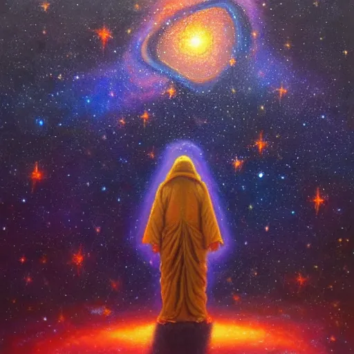 Image similar to small figure looking up at a giant figure, facing the darkness galactic nebular astral realm sacred journey in oil painting, trending on artstation, award winning, emotional, highly detailed surrealist art