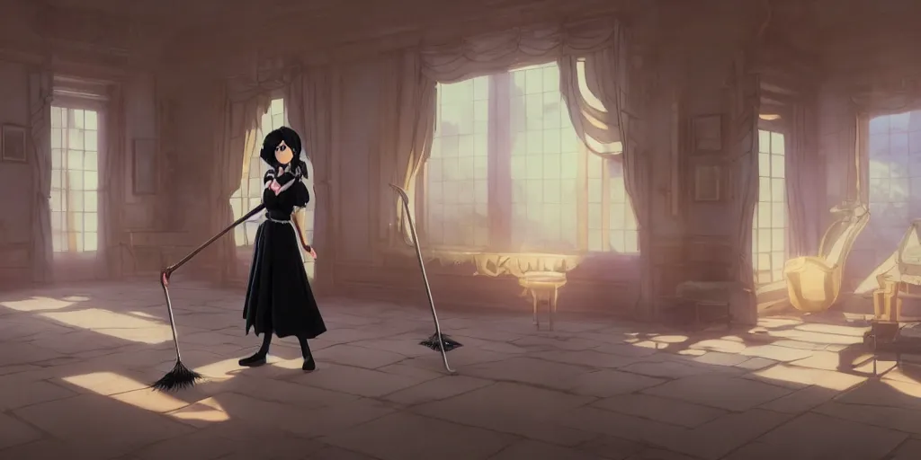 Image similar to animation key shot of a pretty woman with black hair dressed as a maid sweeping the floor in an elegant palace bedroom, studio ghibli, pixar and disney animation, sharp, rendered in unreal engine 5, anime key art by greg rutkowski, bloom, dramatic lighting