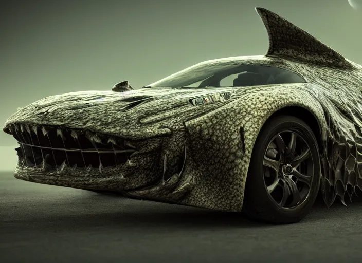 Image similar to hd wallpaper of a car made out of sharks, octane render, 8 k, hyperrealistic, unreal 5, intricate detail, cinematic, studio lighting, concept art, trending on artstation,