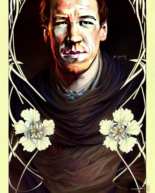 Image similar to beautiful and playful ethereal tobias menzies ( outlander ) portrait, art nouveau, fantasy, intricate flower designs, elegant, highly detailed, sharp focus, art by artgerm and greg rutkowski and wlop