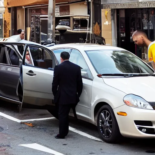 Image similar to a waiter drives a car dangerously near restaurateurs
