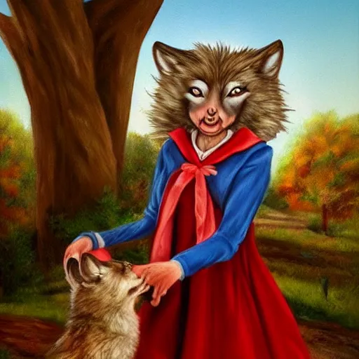 Prompt: A realistic painting of the wolf dressed as grandmother in Little Red Riding Hood