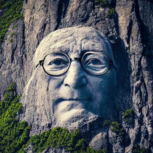 Image similar to bird view of a mountain with a huge face of john lennon carved in the rock, photorealistic, cinematic