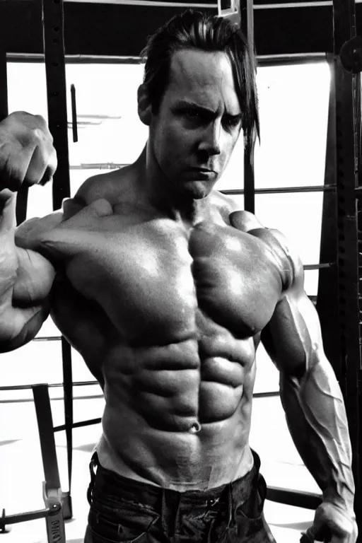 Image similar to Matthew Mercer is a jacked muscle builder gigachad, grayscale photography