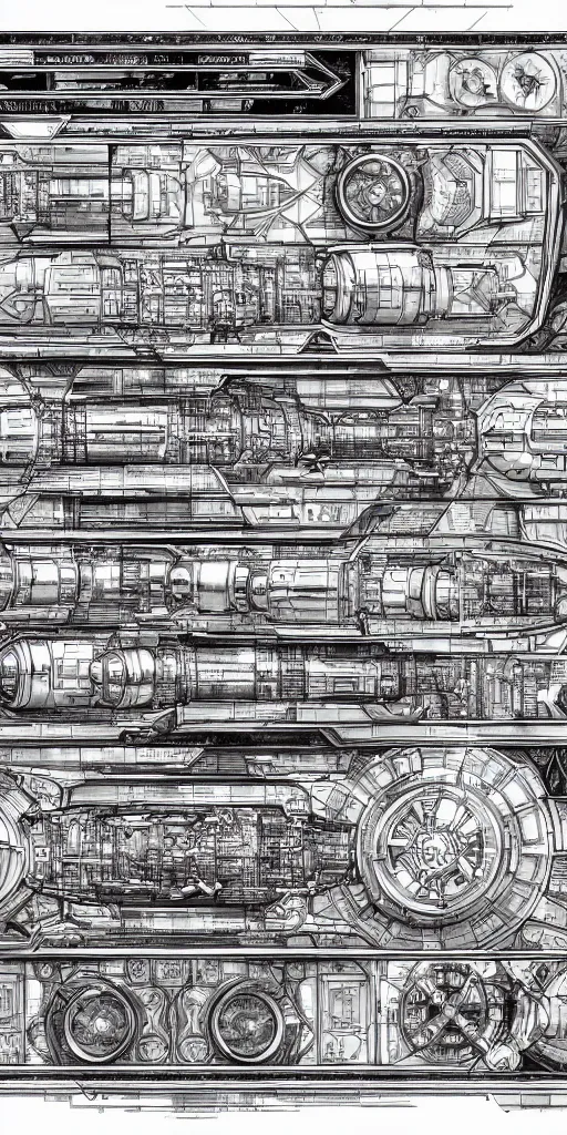 Image similar to very technical and detailed blueprint of a Starship, Center Frame, intricate details, ultra-detailed, baroque style, illustration, desaturated, concept art, Battletech,sci-fi, Star Wars cross section of mechanical elements , sepia tone , with highly detailed blueprints, marker concept art style rendering