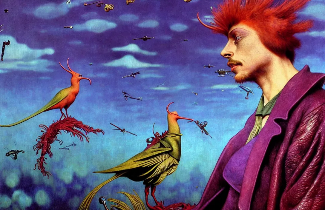 Prompt: realistic detailed portrait movie shot of a birdman wearing violet leather coat, sci fi city landscape background by denis villeneuve, amano, yves tanguy, alphonse mucha, ernst haeckel, max ernst, roger dean, masterpiece, rich moody colours, blue eyes