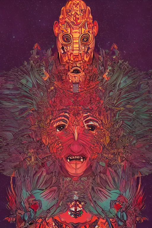 Image similar to totem animal tribal chaman vodoo mask feather gemstone plant video game illustration vivid color borderlands and by feng zhu and loish and laurie greasley, victo ngai, andreas rocha, john harris radiating a glowing aura