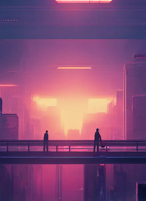 Image similar to a man standing on top of a bridge over a city, cyberpunk art by james gilleard, cgsociety, retrofuturism, synthwave, cityscape, 2 d game art