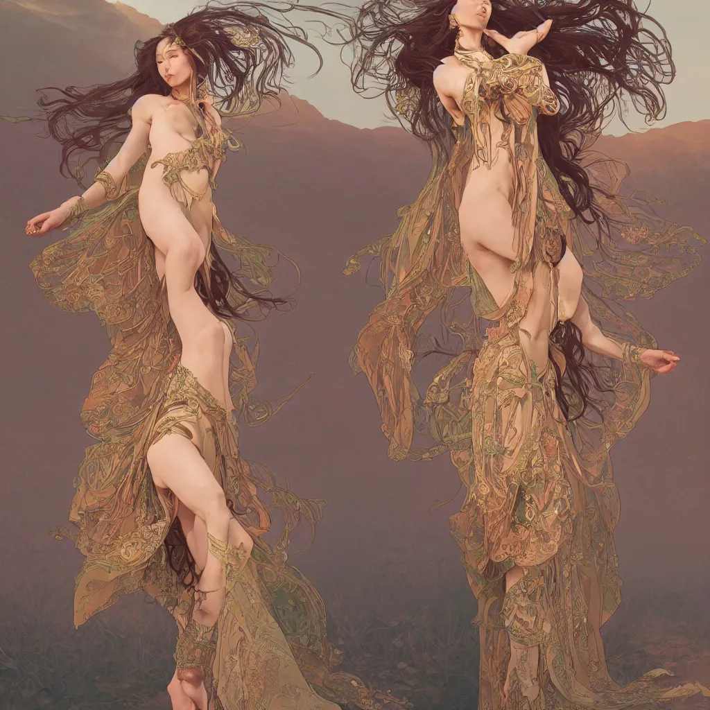 Prompt: seductive goddess dancing in the desert, symmetrical face, fantasy, intricate and very beautiful and elegant, highly detailed, digital painting, artstation, concept art, smooth and sharp focus, illustration, art by tan zi and ayanamikodon and alphonse mucha and wlop