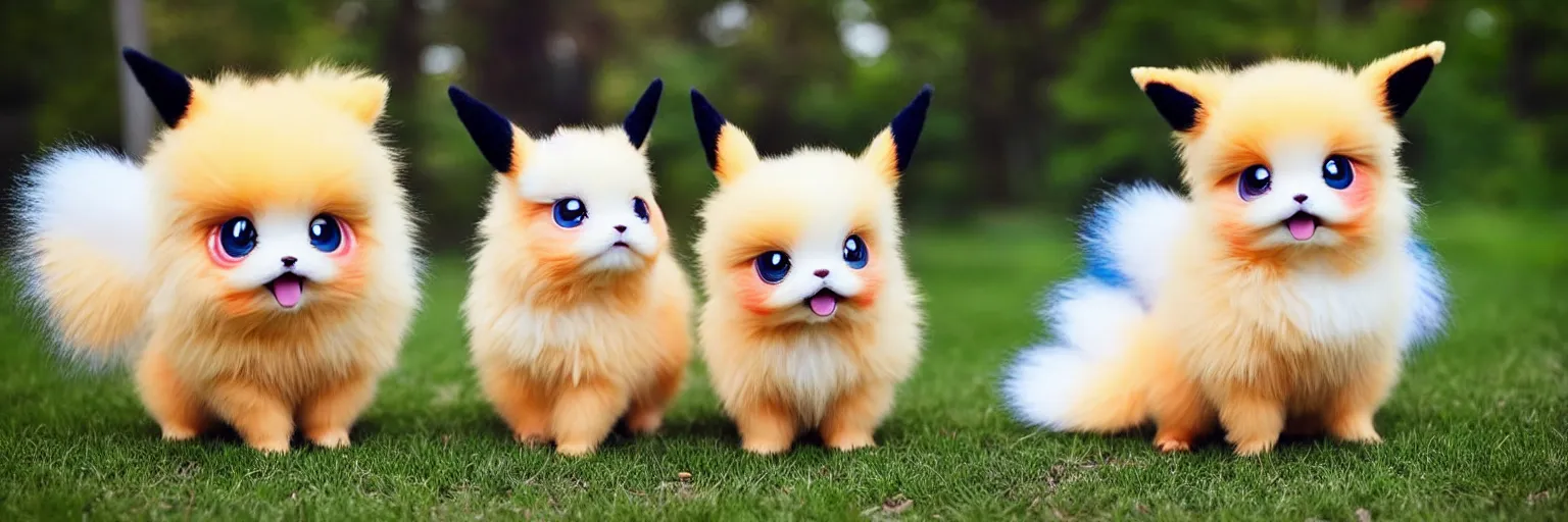 Image similar to real life pokemons, cute!!!, content!!!, mischievous!!!, adorable!!!, little furballs, fluffy!!!, ultra realistic!!!, golden hour, sharp focus