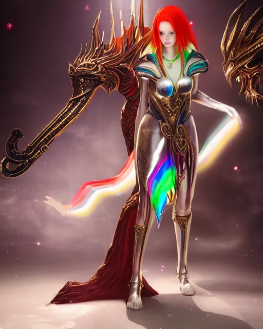 Prompt: red - haired final fantasy white marble egyptian pharaoh stroking her shiny rainbow dragon, warframe armor, regal, attractive, ornate, sultry, sexy, beautiful, elize theron, pretty face, green eyes, scifi platform, 4 k, ultra realistic, epic lighting, illuminated, cinematic, black gold, art by alexandra petruk, voidstar