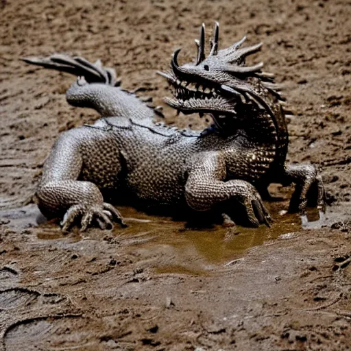 Prompt: friendly dragon rolling around in the mud.