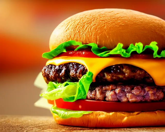 Prompt: gourmet juicy burger from a fast food restaurant, depth of field, food photography, isometric, tasty, mcdonalds, wide shot, studio, bokeh, gmaster, cooking, food, kodak, sony, canon