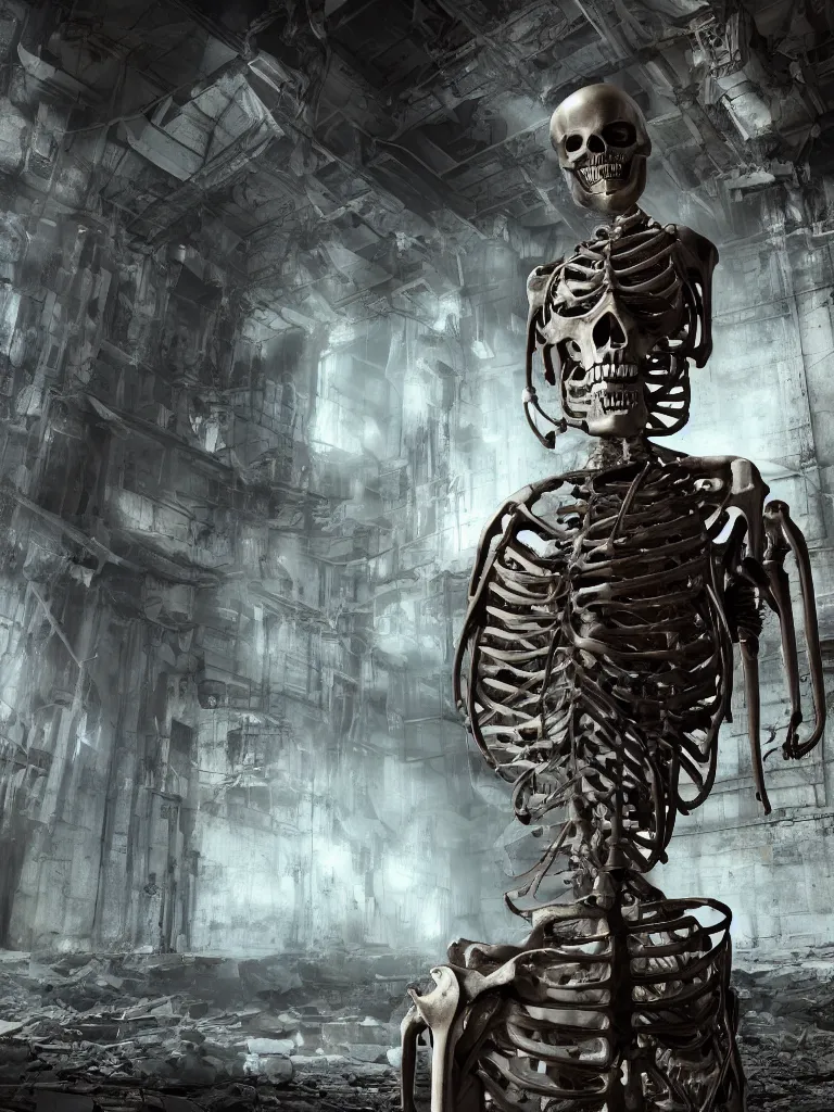 Prompt: portrait of a cyborg skeleton statue, standing in a hall of abandoned ancient megacomplex; hyperrealistic, 4K wallpaper, cinematic lighting, highly detailed and beautiful