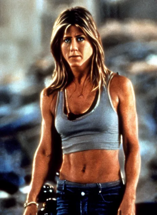 Prompt: film still of Jennifer Aniston as John McClane in Die Hard, 4k