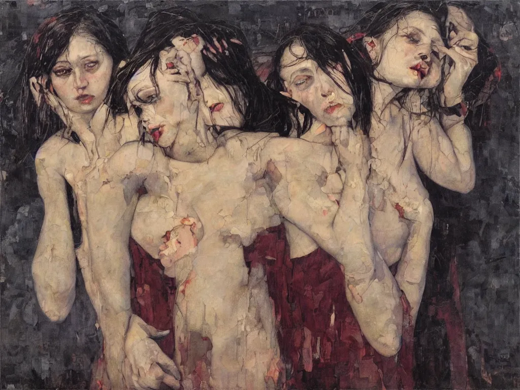 Prompt: vampire sad sisters, night, denis sarazhin, vrubel, oil on canvas