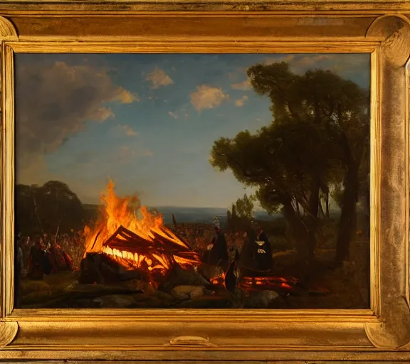 Image similar to landscape portrait of a funeral pyre by william sidney mount, trending on artstation