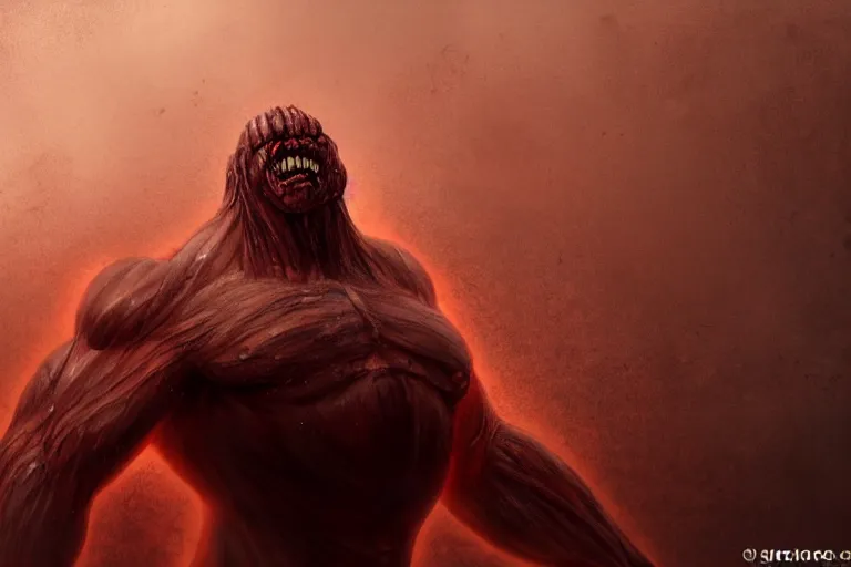 Prompt: a giant titan made of muscles and dripping flesh, very angry, misty, foggy, ambient light, terror, glows, realistic, photo-realism, hyper realism, picture,