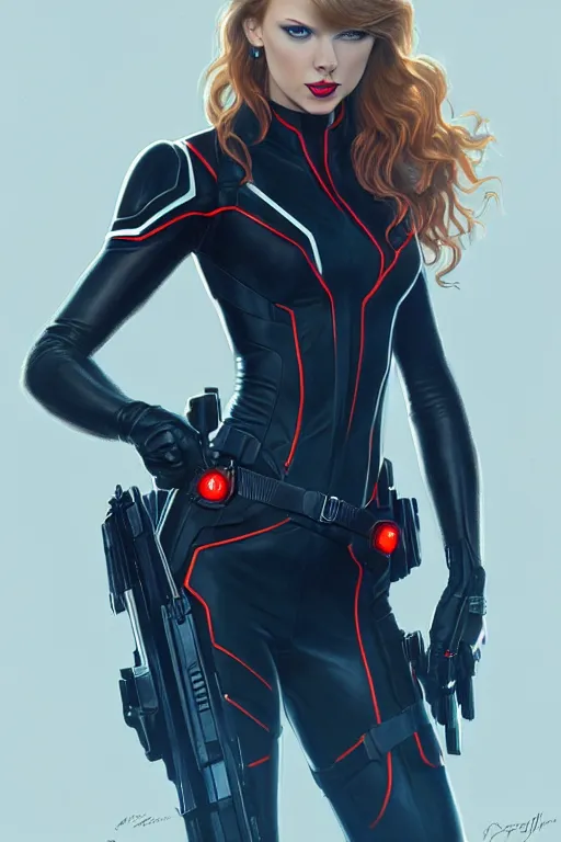 Image similar to taylor swift as black widow, realistic portrait, symmetrical, highly detailed, digital painting, artstation, concept art, smooth, sharp focus, illustration, cinematic lighting, art by artgerm and greg rutkowski and alphonse mucha