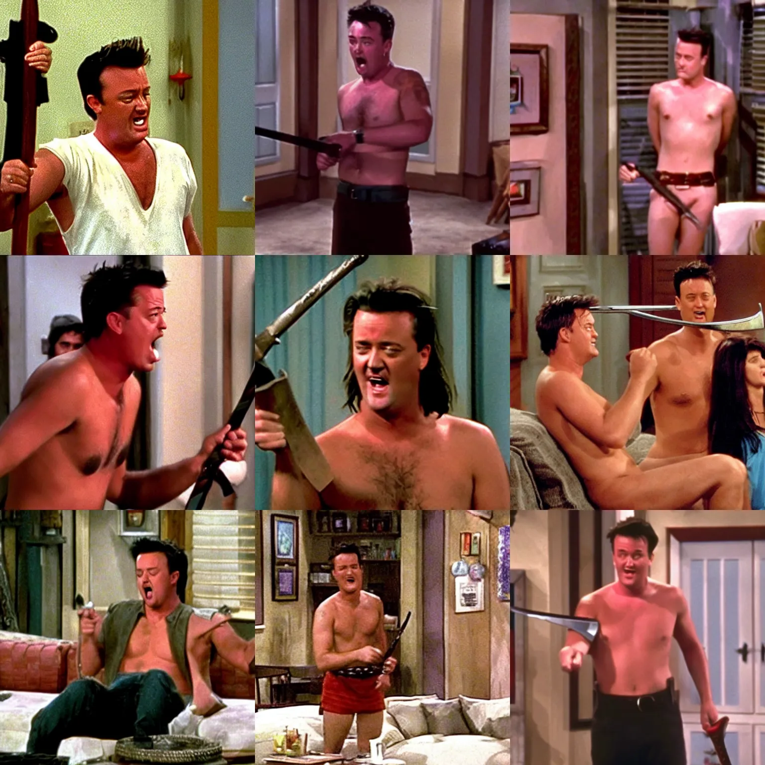 Prompt: chandler bing topless in his apartment holding a sword and screaming,'friends'9 0 s tv show screenshot