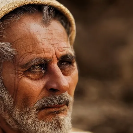 Image similar to award winning cinematic still close up portrait of 53 year old Mediterranean skinned man, short hair, in ancient Canaanite clothing crying in the sunset, sad, depressed, lonely, Biblical epic directed by Christopher Nolan