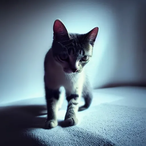 Image similar to cute cat with tiny undersized legs, big head, cinematic lighting, beautiful composition