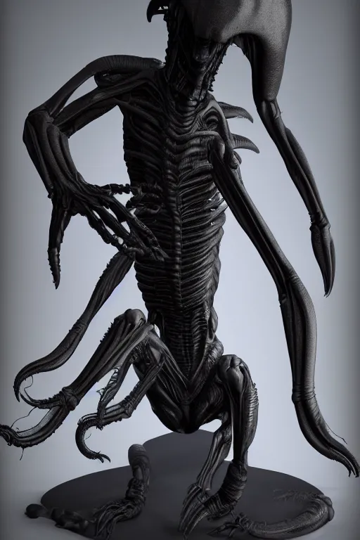 Image similar to neomorph xenomorph design in embrio pose, black, shiny body, hyperrealistic, cinematic lighting