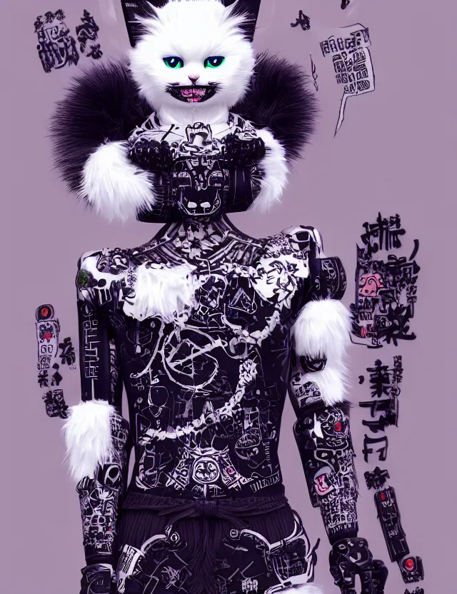 Prompt: full body portrait of a gothic style punk white fluffy cat robot with kanji tattoos and decals wearing a digital pixelated kimono, intricate design, photo - realistic, octane render, dark colour palette, ultra fine detailed, character design, trending on artstation