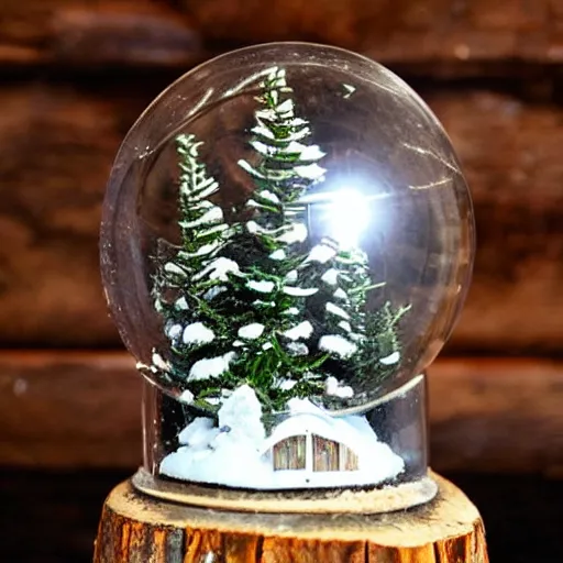 Image similar to A snowglobe on display with a log cabin inside.