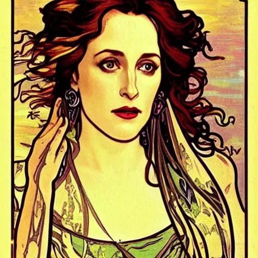 Image similar to gillian anderson portrait by louis - theophile hingre and alphonse mucha, realistic, sharp focus, zodiac signs, tarot cards, planets, ethereal, art nouveau, magic, moon, sun, crown, dreamy, royal, jewellery