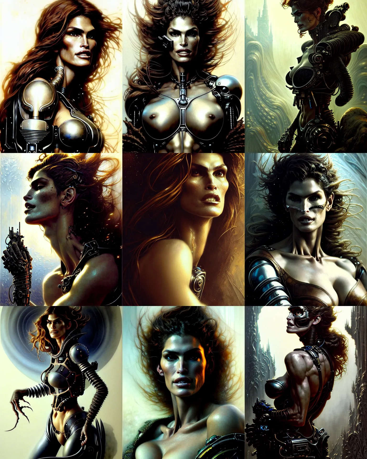 Prompt: a portrait of cindy crawford fantasy character portrait, ultra realistic, cinematic, cinematic, wide angle, intricate details, cyborg, highly detailed by greg rutkowski, aaron horkey, boris vallejo, gaston bussiere, craig mullins, arthur rackham