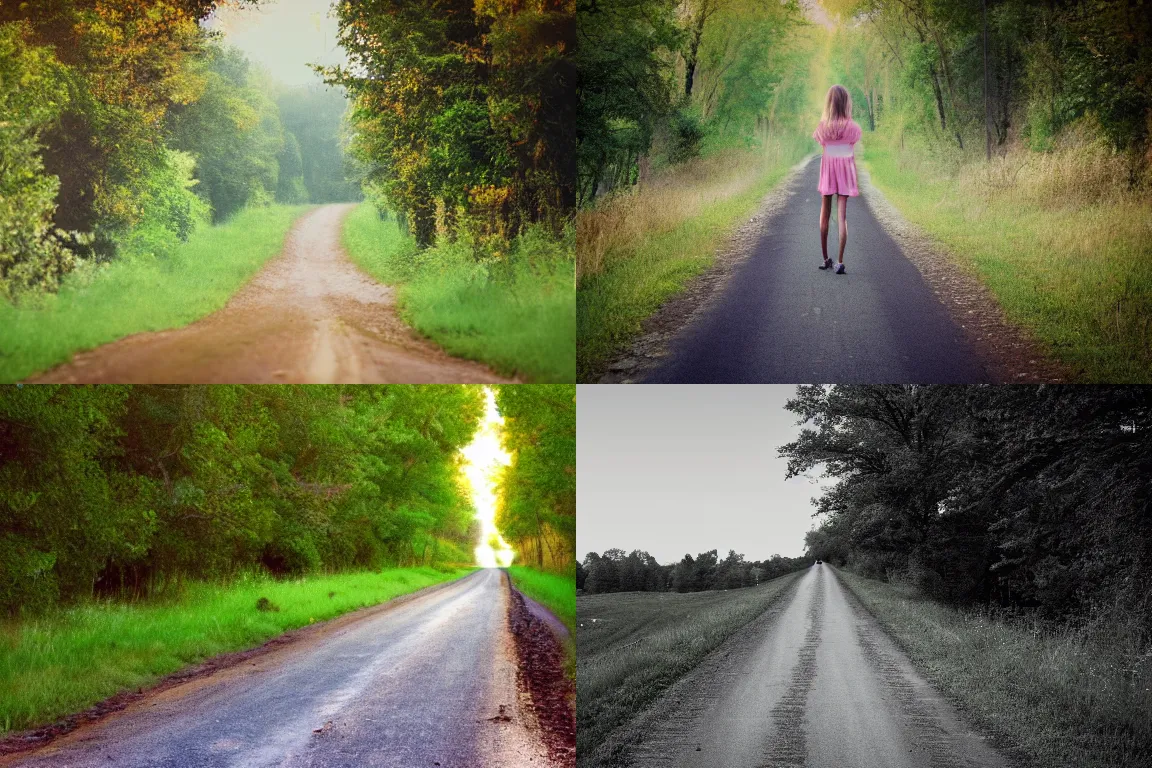 Prompt: a photo of a girl walking on the country road, deviantart