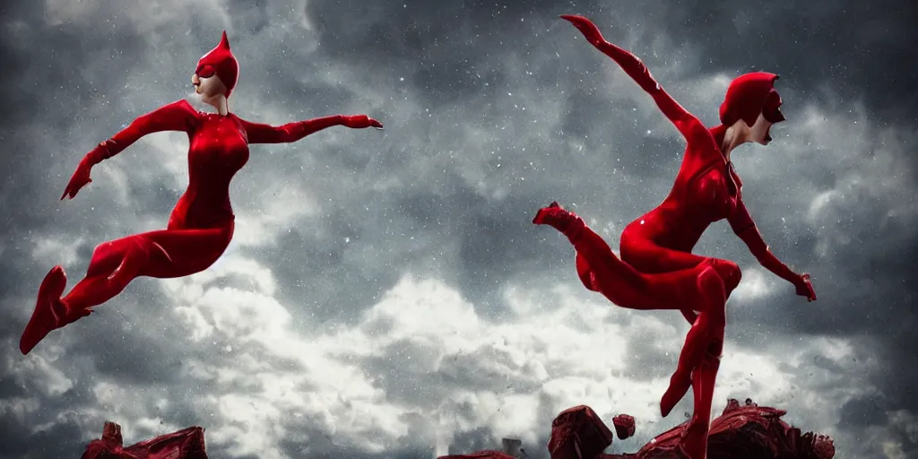Prompt: epic scene of ( most gorgeous character hyper detail in amazing detail red dress, beautiful hyper detail face, detail ) ( fighting ) ( catwoman in a black tank top, detailed face ), hyper realistic 3 d render, art station, particles, epic scene, mucha, clouds, jump pose, blur focus, action,