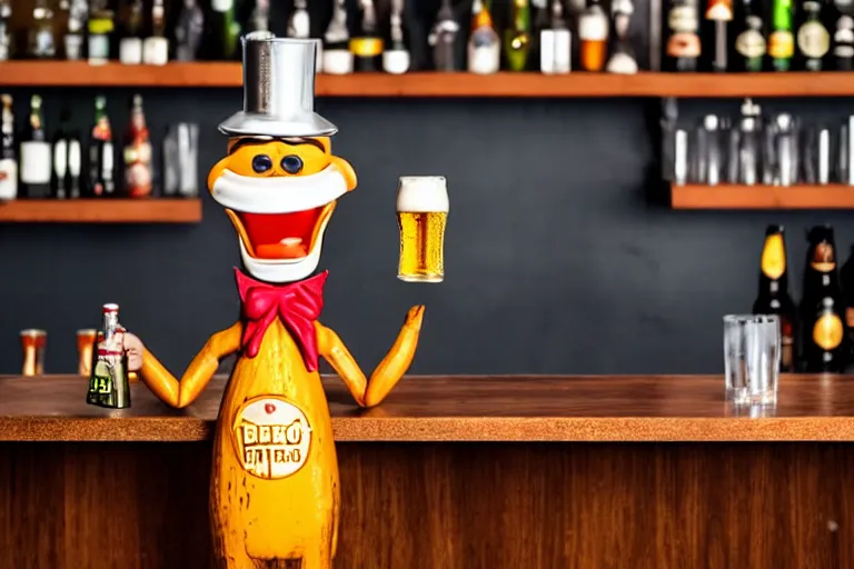 Image similar to a anthropomorphic bottle of beer stands in front of a bar yelling at the bar tender