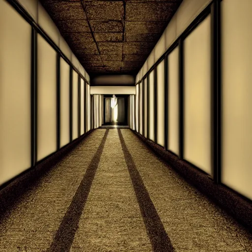 Prompt: a photo, five and a half minute hallway, at night, long hallway, surrealist