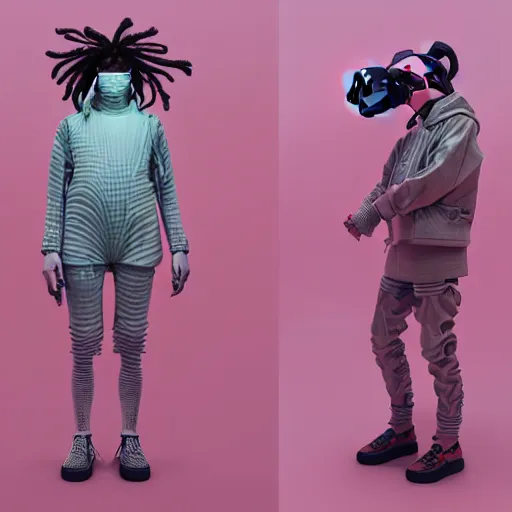 Image similar to intense futuristic bespoke vr headset respirator with long cables like dreadlocks on a set of twin humble hypebeasts, by ilya kuvshinov and james jean and sorayama and ikeuchi and hyein seo and hiroya oku and gilleard james, artstation trending, 8 k, 3 d render, photorealistic, volumetric lighting caustics, pink