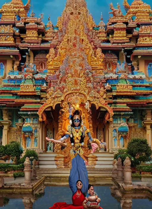 Image similar to wide - angle shot of hindu temple, depth of field, zeiss lens, detailed, symmetrical, centered, fashion photoshoot, by nicoletta ceccoli, mark ryden, lostfish, earl nore, hyung tae, frank frazetta, breathtaking, 8 k resolution, extremely detailed, beautiful, establishing shot, artistic, hyperrealistic, octane render