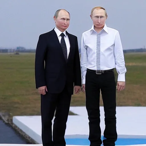 Image similar to putin teams up with a teenage putin, perfect faces