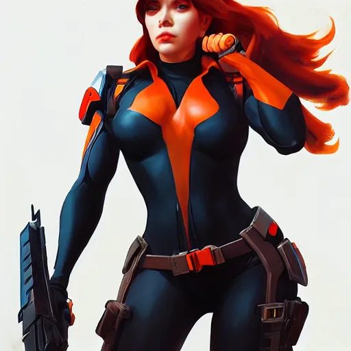 Image similar to greg manchess portrait painting of black widow as overwatch character, medium shot, asymmetrical, profile picture, organic painting, sunny day, matte painting, bold shapes, hard edges, street art, trending on artstation, by huang guangjian and gil elvgren and sachin teng