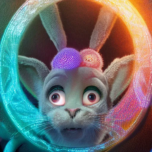 Image similar to fourth dimension, expressive eyes, floating, rbc, bunny, radiolaria, protophyta, micro - organisms, center frame, symmetric, rim light, marine microbiology, bioluminescence, electric, fur, soft, concept art, intricate details, highly detailed, colorful, photorealistic, disney pixar, octane render, iridescent, anime