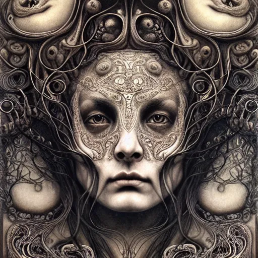 Image similar to detailed realistic beautiful calaveras death goddess face portrait by jean delville, gustave dore, iris van herpen and marco mazzoni, art forms of nature by ernst haeckel, art nouveau, symbolist, visionary, gothic, neo - gothic, pre - raphaelite, fractal lace, intricate alien botanical biodiversity, surreality, hyperdetailed ultrasharp