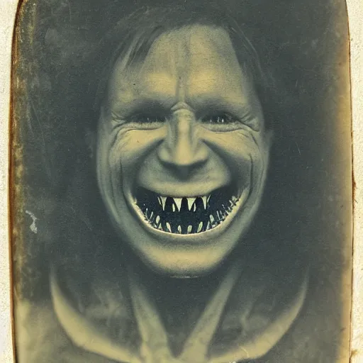 Image similar to demon human with shark jaws, with an evil grin. portrait, tintype, realistic. scary.