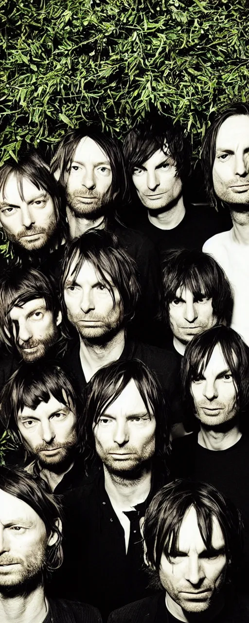 Image similar to disco diffusion portrait of Thom Yorke, Jonny Greenwood, Ed O'Brien, Colin Greenwood, Philip Selway, hiding in the bushes looking shifty